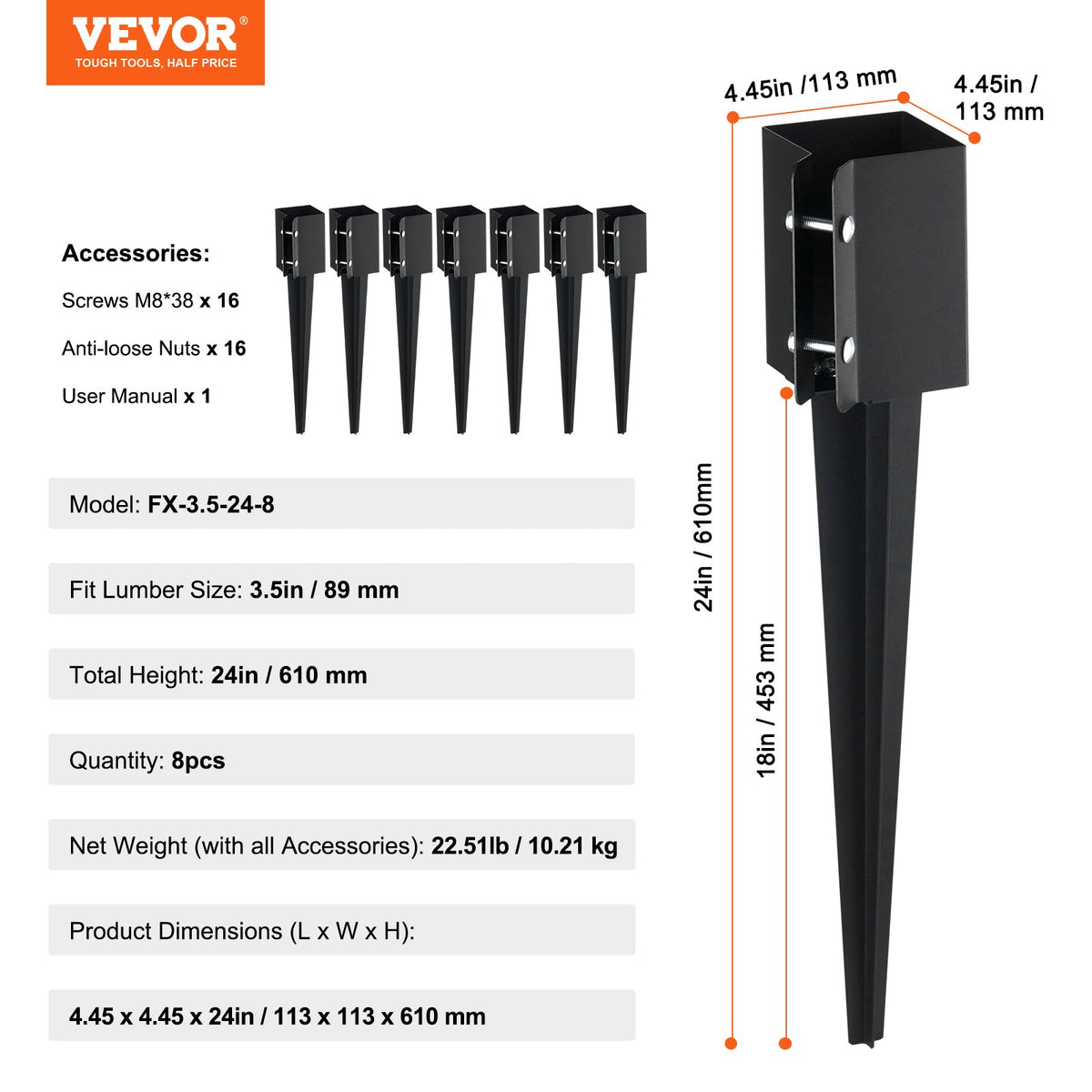 VEVOR Fence Post Anchor Ground Spike, 8 Pack 24 x 4 x 4 Inches Outer Diameter (Inner Diameter 3.5 x3.5 Inches), Metal Black Powder Coated Post Stake Ground, for Mailbox Deck Garden Railing - FXDD35YC24YCFUXF1V0 - view 8