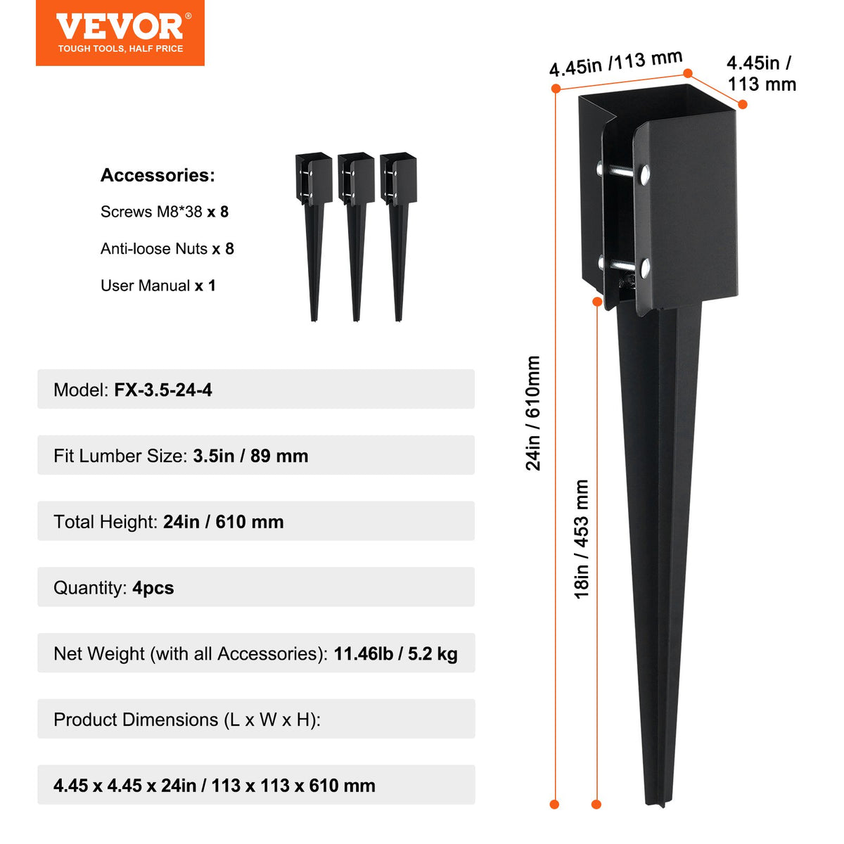 VEVOR Fence Post Anchor Ground Spike, 4 Pack 24 x 4 x 4 Inches Outer Diameter (Inner Diameter 3.5 x3.5 Inches), Metal Black Powder Coated Post Stake Ground, for Mailbox Deck Garden Railing - FXDD35YC24YCI2IY6V0 - view 8