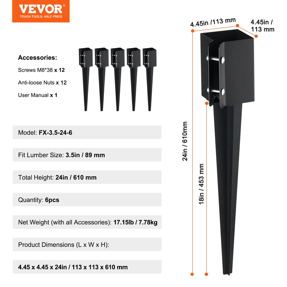 VEVOR Fence Post Anchor Ground Spike, 6 Pack 24 x 4 x 4 Inches Outer Diameter (Inner Diameter 3.5 x3.5 Inches), Metal Black Powder Coated Post Stake Ground, for Mailbox Deck Garden Railing - FXDD35YC24YCUQSQCV0 - view 8