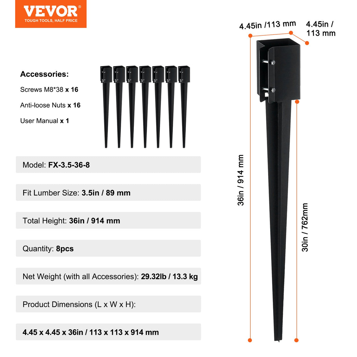 VEVOR Fence Post Anchor Ground Spike, 8 Pack 36 x 4 x 4 Inches Outer Diameter (Inner Diameter 3.5 x3.5 Inches), Metal Black Powder Coated Post Stake Ground, for Mailbox Deck Garden Railing - FXDD35YC36YCFYQFFV0 - view 8