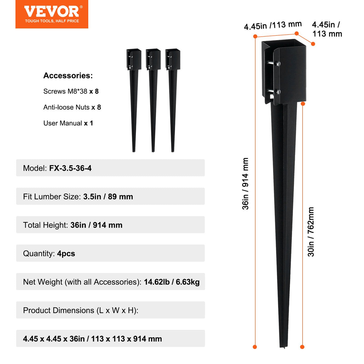 VEVOR Fence Post Anchor Ground Spike, 4 Pack 36 x 4 x 4 Inches Outer Diameter (Inner Diameter 3.5 x3.5 Inches), Metal Black Powder Coated Post Stake Ground, for Mailbox Deck Garden Railing - FXDD35YC36YCP7NVLV0 - view 8