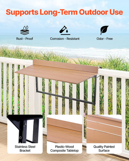 VEVOR Balcony Hanging Table, 15 x 39 in Folding Balcony Railing Table, Outdoor Balcony Bar Table for Railings, 5-Level Adjustable, Fit Railing from 1" to 5.3", Serving Table for Patio & Deck - FXGZFM15INCH2IBS1V0 - view 3