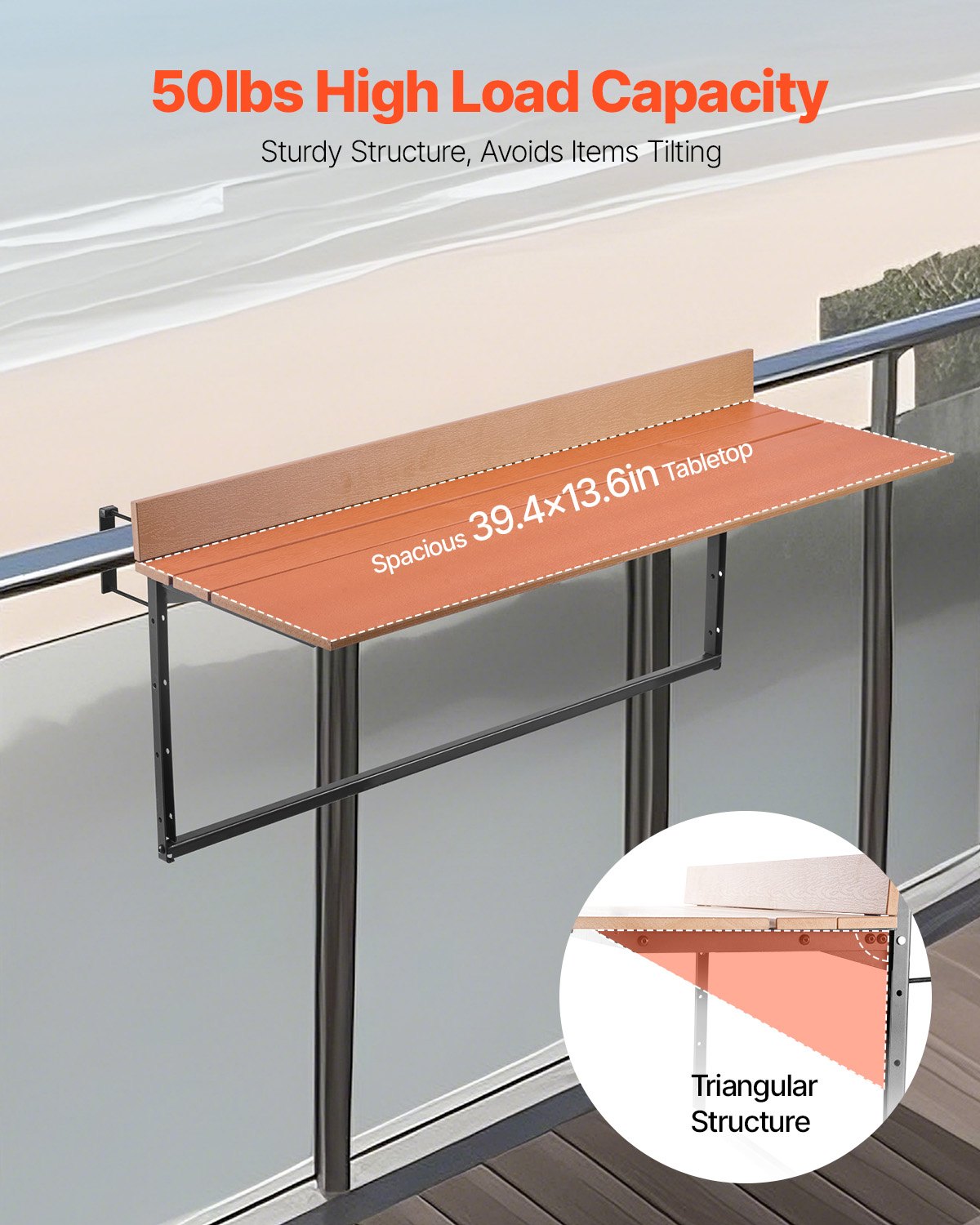VEVOR Balcony Hanging Table, 15 x 39 in Folding Balcony Railing Table, Outdoor Balcony Bar Table for Railings, 5-Level Adjustable, Fit Railing from 1" to 5.3", Serving Table for Patio & Deck - FXGZFM15INCH2IBS1V0 - view 4