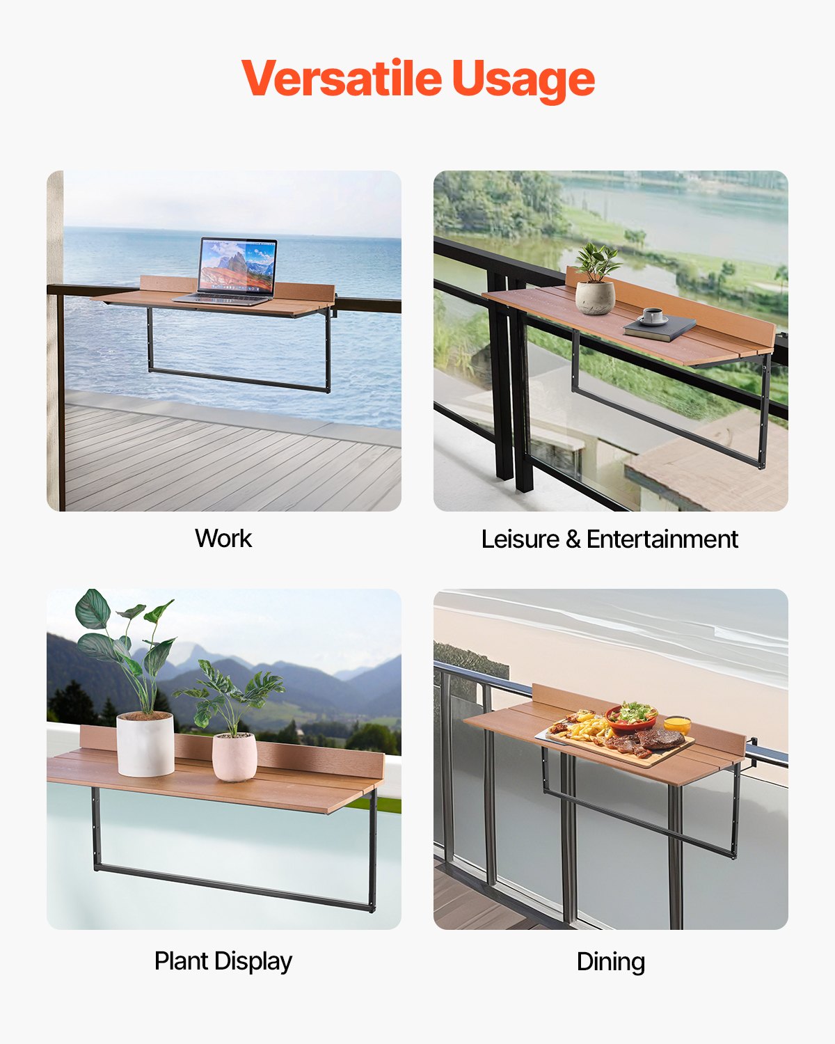 VEVOR Balcony Hanging Table, 15 x 39 in Folding Balcony Railing Table, Outdoor Balcony Bar Table for Railings, 5-Level Adjustable, Fit Railing from 1" to 5.3", Serving Table for Patio & Deck - FXGZFM15INCH2IBS1V0 - view 7