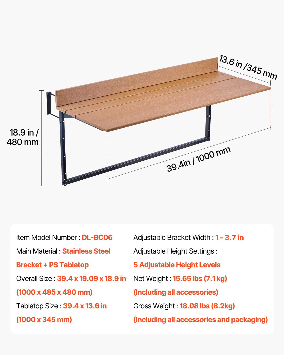 VEVOR Balcony Hanging Table, 15 x 39 in Folding Balcony Railing Table, Outdoor Balcony Bar Table for Railings, 5-Level Adjustable, Fit Railing from 1" to 5.3", Serving Table for Patio & Deck - FXGZFM15INCH2IBS1V0 - view 8