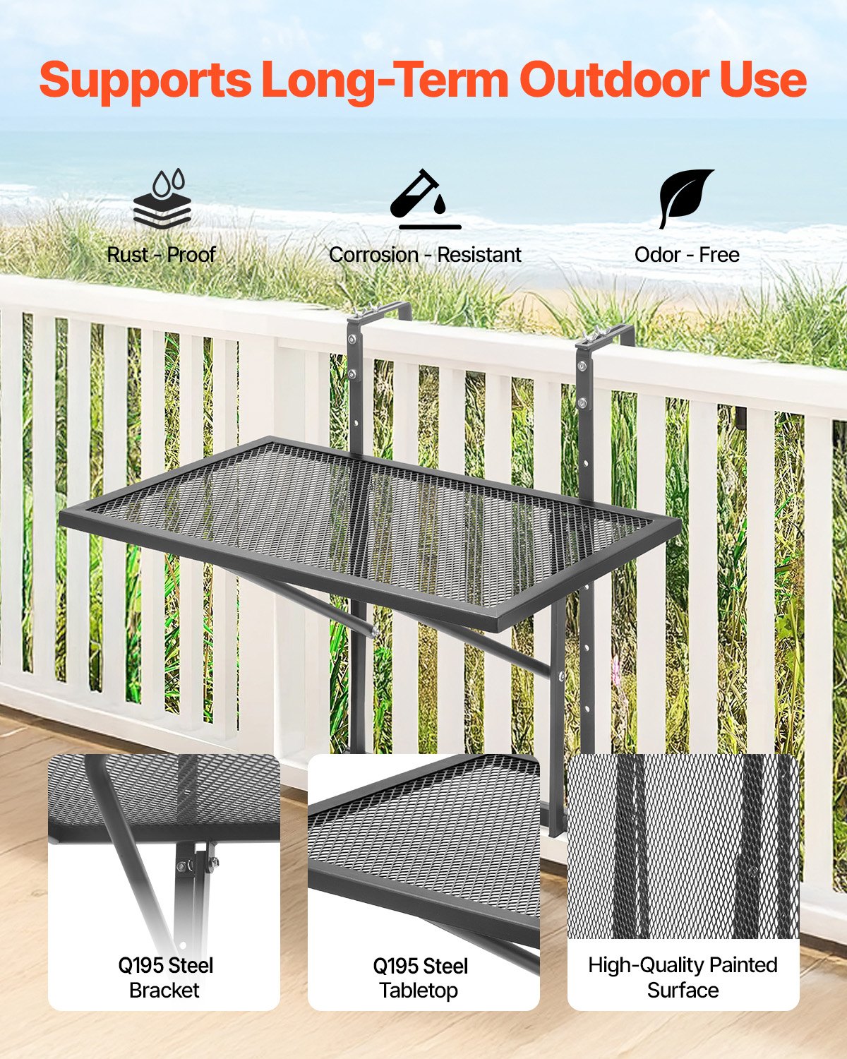 VEVOR Balcony Hanging Table, 19 x 24 in Metal Folding Balcony Railing Table, Outdoor Balcony Bar Table for Railings, 5-Level Adjustable, Fit Railing from 1" to 4.7", Serving Table for Patio & Deck - FXGZJS19INCHGLWKXV0 - view 3