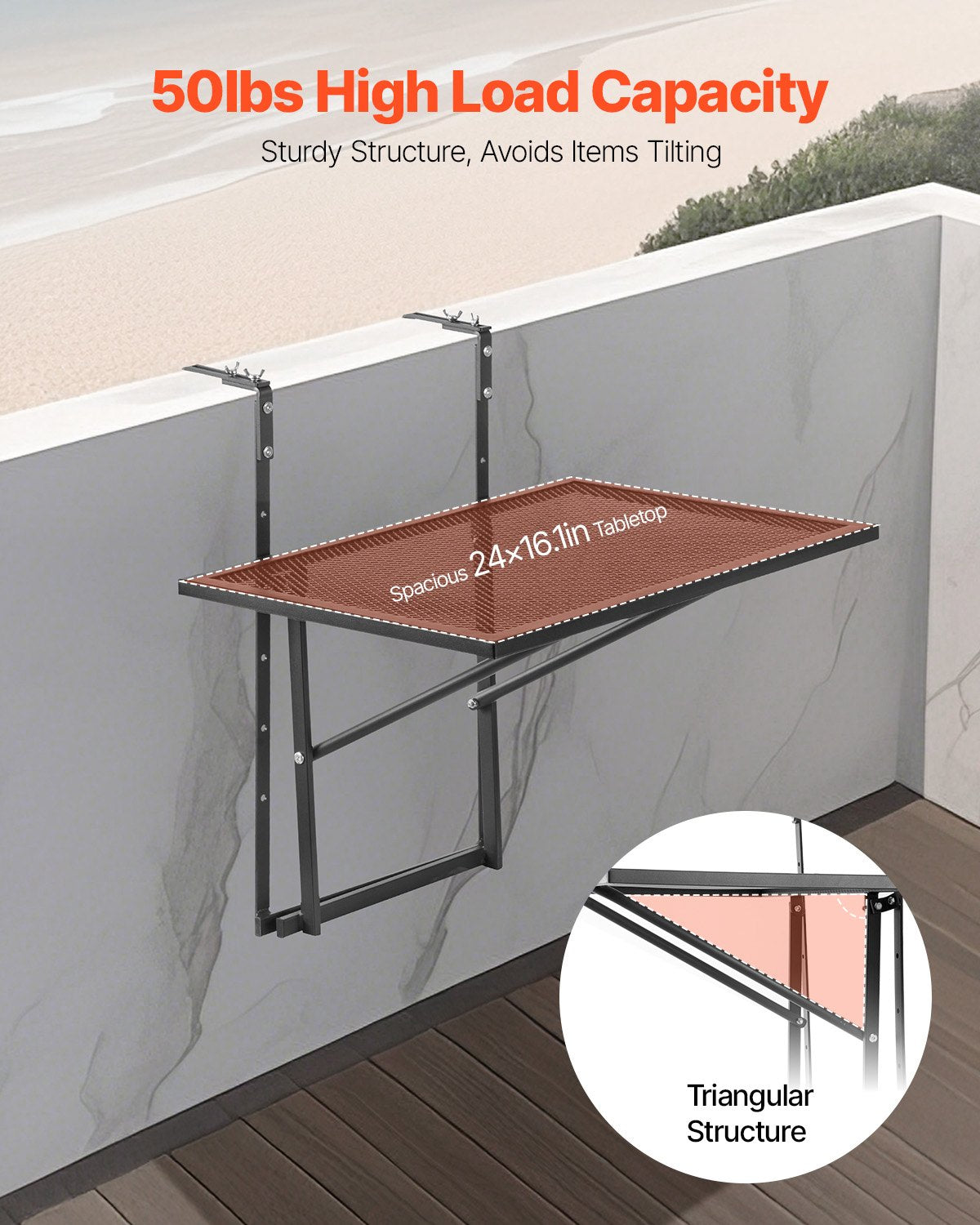 VEVOR Balcony Hanging Table, 19 x 24 in Metal Folding Balcony Railing Table, Outdoor Balcony Bar Table for Railings, 5-Level Adjustable, Fit Railing from 1" to 4.7", Serving Table for Patio & Deck - FXGZJS19INCHGLWKXV0 - view 4