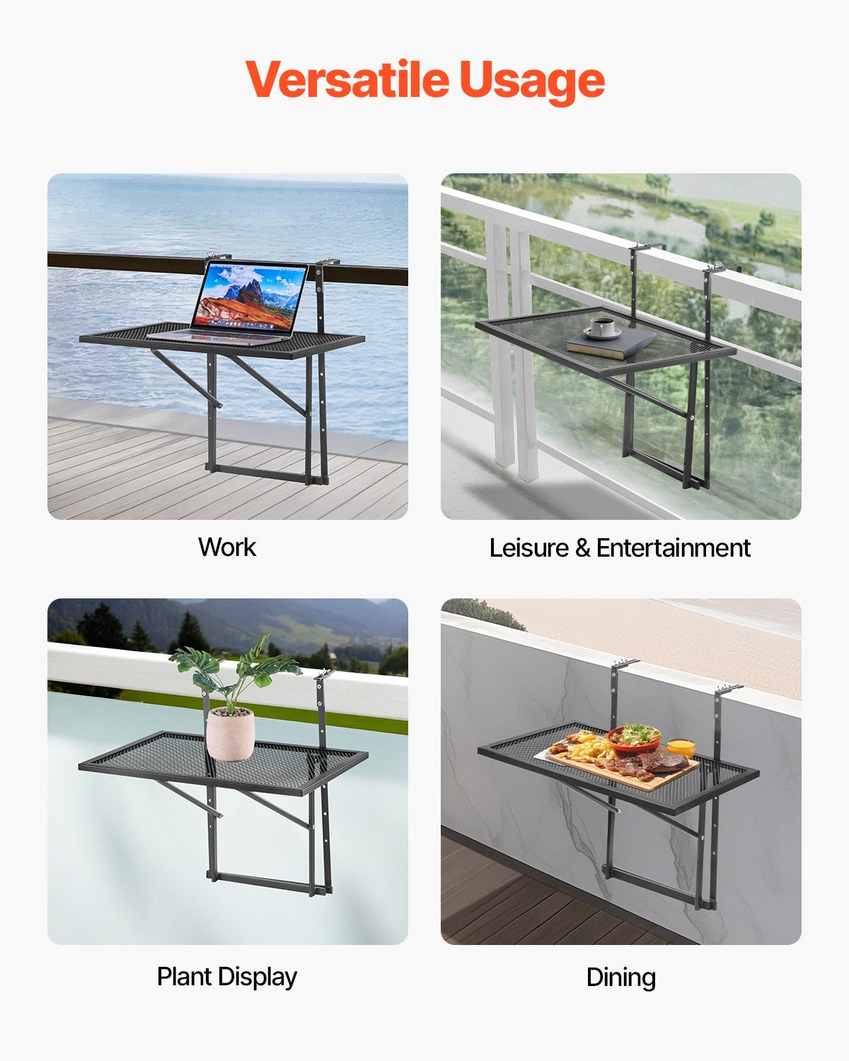VEVOR Balcony Hanging Table, 19 x 24 in Metal Folding Balcony Railing Table, Outdoor Balcony Bar Table for Railings, 5-Level Adjustable, Fit Railing from 1" to 4.7", Serving Table for Patio & Deck - FXGZJS19INCHGLWKXV0 - view 7