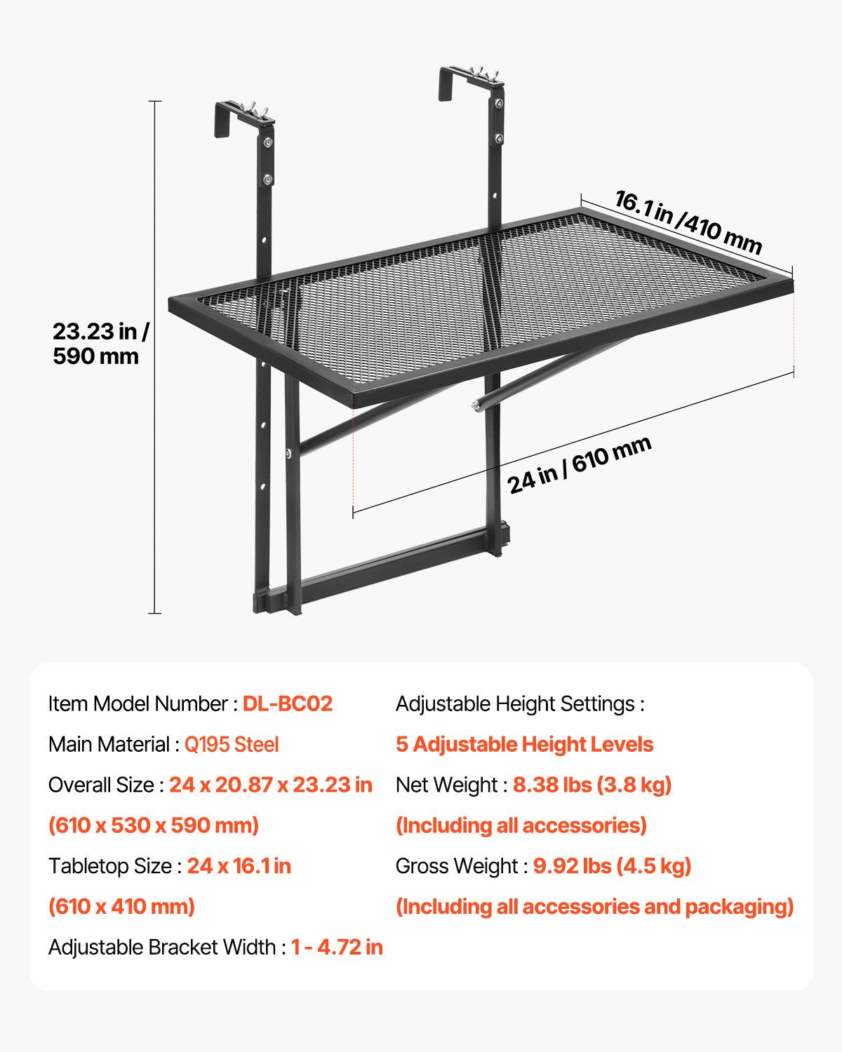 VEVOR Balcony Hanging Table, 19 x 24 in Metal Folding Balcony Railing Table, Outdoor Balcony Bar Table for Railings, 5-Level Adjustable, Fit Railing from 1" to 4.7", Serving Table for Patio & Deck - FXGZJS19INCHGLWKXV0 - view 8