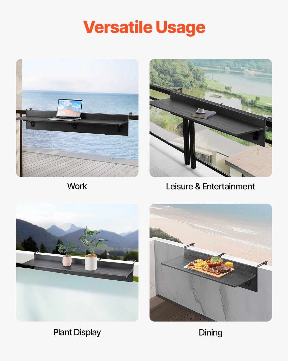 VEVOR Balcony Hanging Table, 12 x 48 in Folding Balcony Railing Table, Outdoor Balcony Bar Table for Railings, 50 lbs Loading, Fit Railing from 1" to 4.3", Serving Table for Patio & Deck - FXGZMZ12INCH0ANITV0 - view 7