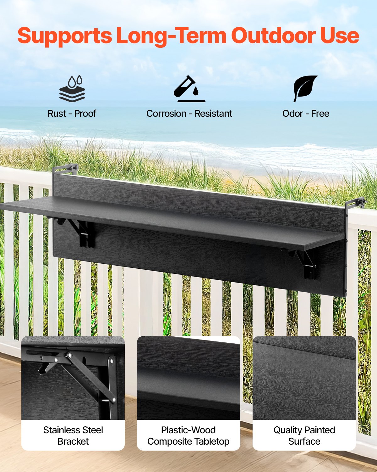 VEVOR Balcony Hanging Table, 12 x 32 in Folding Balcony Railing Table, Outdoor Balcony Bar Tables for Railings, 50 lbs Loading, Fit Railing from 1" to 4.3", Serving Tables for Patio & Deck - FXGZMZ12INCH6ROCDV0 - view 3
