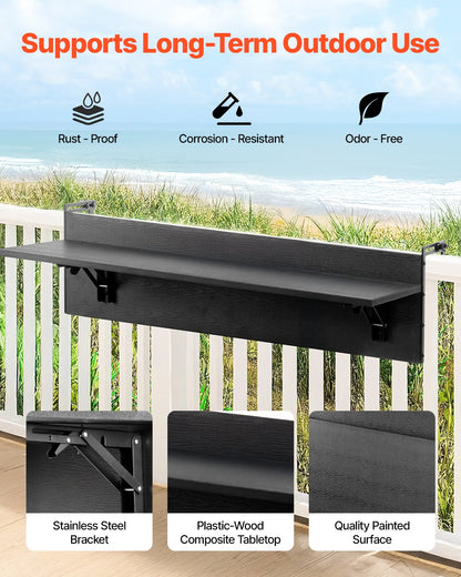 VEVOR Balcony Hanging Table, 12 x 32 in Folding Balcony Railing Table, Outdoor Balcony Bar Tables for Railings, 50 lbs Loading, Fit Railing from 1" to 4.3", Serving Tables for Patio & Deck - FXGZMZ12INCH6ROCDV0 - view 3