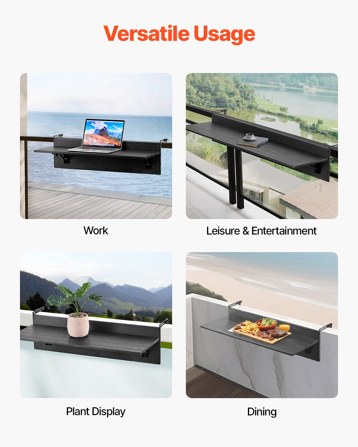 VEVOR Balcony Hanging Table, 12 x 32 in Folding Balcony Railing Table, Outdoor Balcony Bar Tables for Railings, 50 lbs Loading, Fit Railing from 1" to 4.3", Serving Tables for Patio & Deck - FXGZMZ12INCH6ROCDV0 - view 7