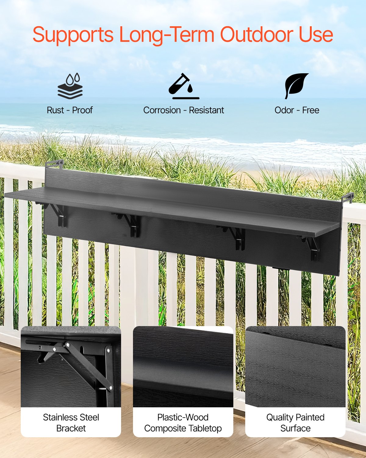 VEVOR Balcony Hanging Table, 12 x 59 in Folding Balcony Railing Table, Outdoor Balcony Bar Table for Railings, 50 lbs Loading, Fit Railing from 1" to 5.9", Serving Table for Patio & Deck - FXGZMZ12INCHJ4NJOV0 - view 3
