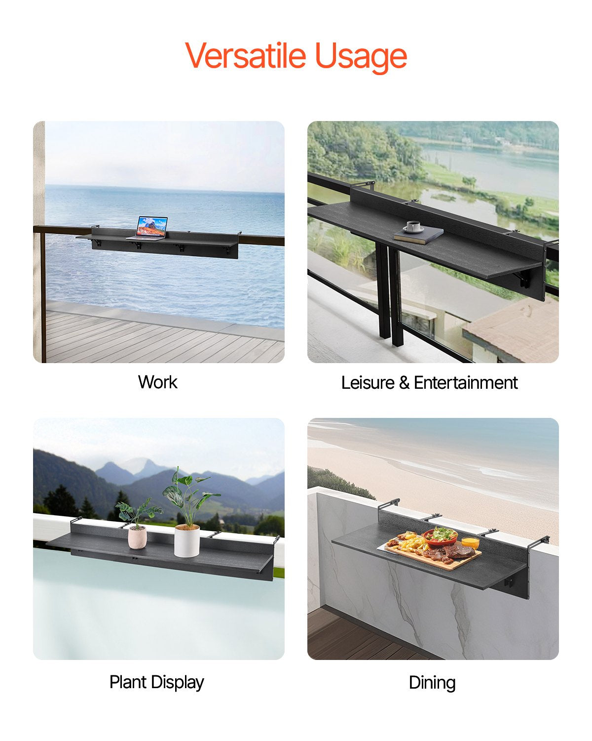 VEVOR Balcony Hanging Table, 12 x 59 in Folding Balcony Railing Table, Outdoor Balcony Bar Table for Railings, 50 lbs Loading, Fit Railing from 1" to 5.9", Serving Table for Patio & Deck - FXGZMZ12INCHJ4NJOV0 - view 7