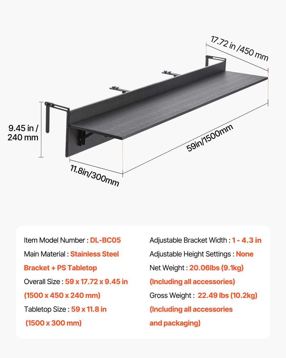 VEVOR Balcony Hanging Table, 12 x 59 in Folding Balcony Railing Table, Outdoor Balcony Bar Table for Railings, 50 lbs Loading, Fit Railing from 1" to 5.9", Serving Table for Patio & Deck - FXGZMZ12INCHJ4NJOV0 - view 8