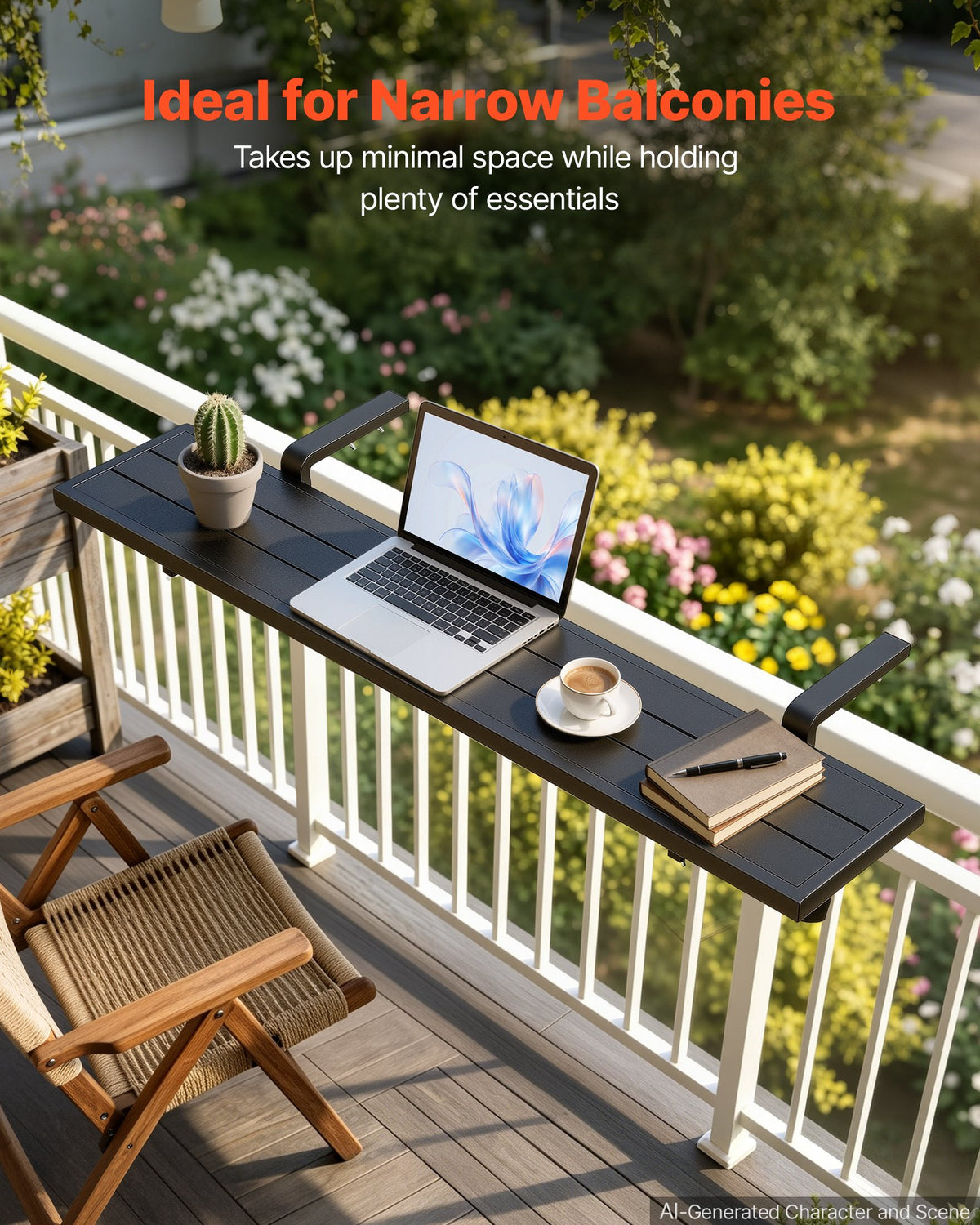 VEVOR Balcony Hanging Table 49" x 9.4" 60 lbs Balcony Railing Bar Table, for Outdoor Patio Garden Deck Use, Fits 1"-2.6" Rails, Adjustable Bracket Spacing, Durable Wood-Plastic Composite Material - FXGZSM10INCHXWOPK001V0 - view 5