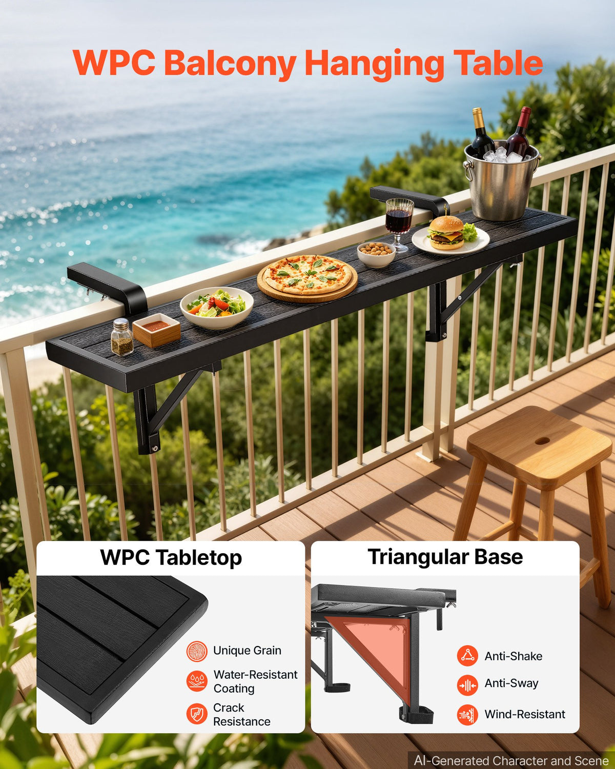 VEVOR Balcony Hanging Table 49" x 9.4" 60 lbs Balcony Railing Bar Table, for Outdoor Patio Garden Deck Use, Fits 1"-2.6" Rails, Adjustable Bracket Spacing, Durable Wood-Plastic Composite Material - FXGZSM10INCHXWOPK001V0 - view 6