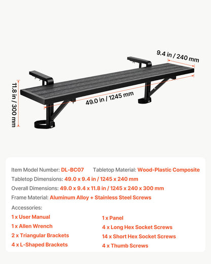 VEVOR Balcony Hanging Table 49" x 9.4" 60 lbs Balcony Railing Bar Table, for Outdoor Patio Garden Deck Use, Fits 1"-2.6" Rails, Adjustable Bracket Spacing, Durable Wood-Plastic Composite Material - FXGZSM10INCHXWOPK001V0 - view 8