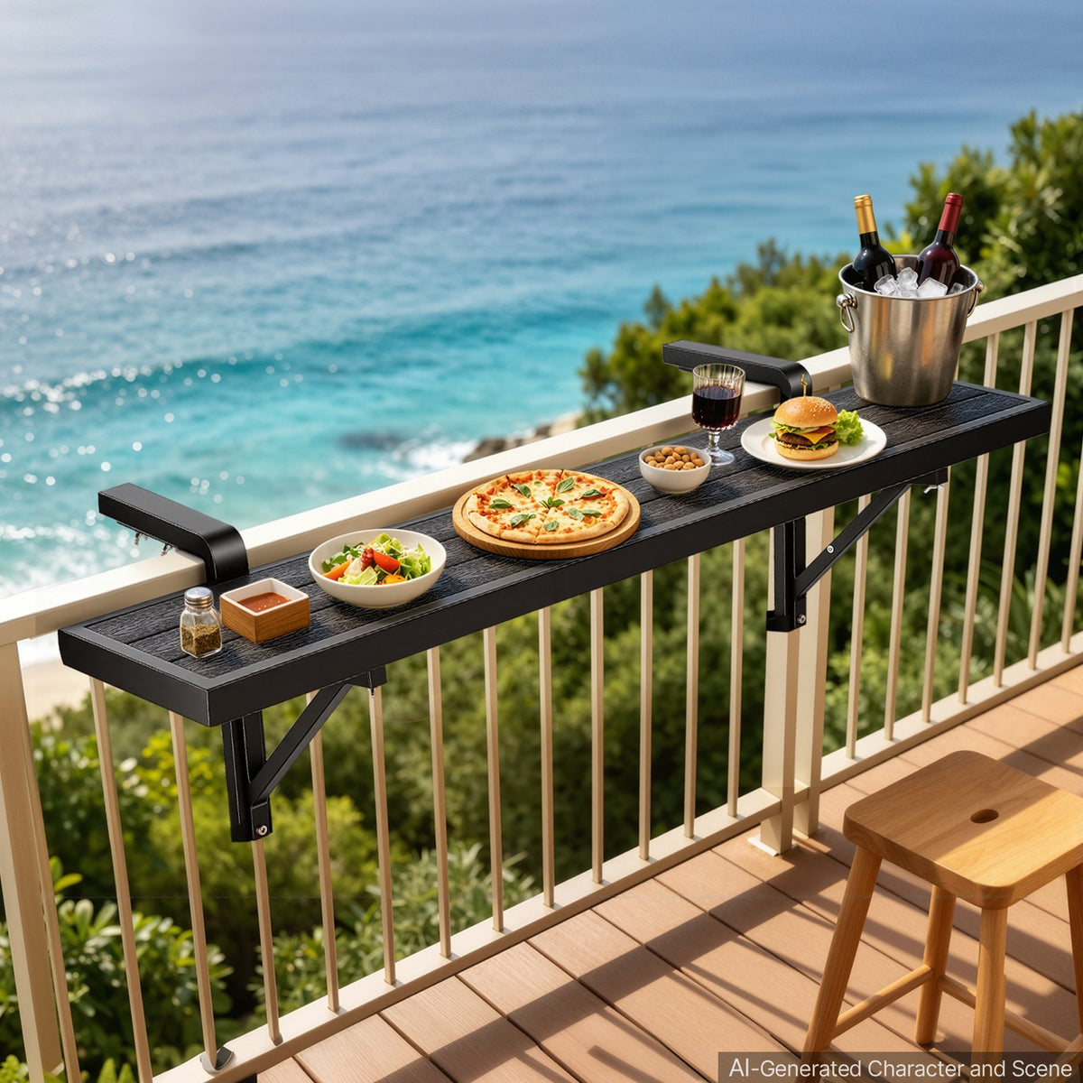 VEVOR Balcony Hanging Table 49" x 9.4" 60 lbs Balcony Railing Bar Table, for Outdoor Patio Garden Deck Use, Fits 1"-2.6" Rails, Adjustable Bracket Spacing, Durable Wood-Plastic Composite Material - FXGZSM10INCHXWOPK001V0 - view 9