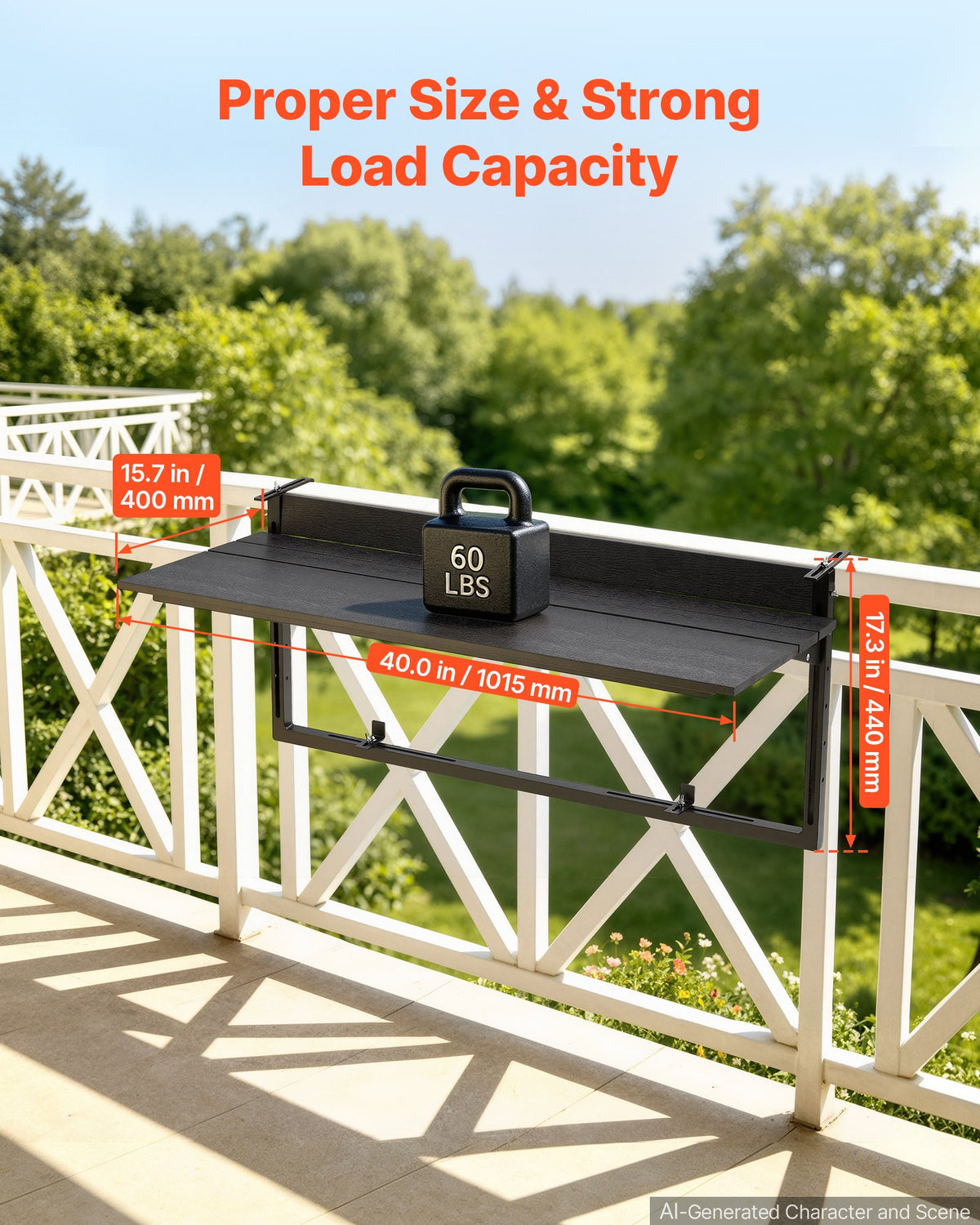 VEVOR Balcony Hanging Table 40" x 15" 60 lbs Folding Railing Bar Table, for Outdoor Patio Garden Deck Use, Fits 0-3.5" Rails, 5-Level Adjustable Height, Durable Wood-Plastic Composite Material - FXGZSM15INCH6WPLZ001V0 - view 3