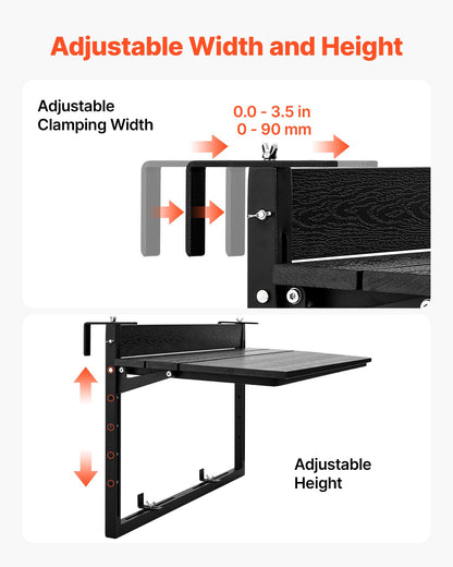 VEVOR Balcony Hanging Table 40" x 15" 60 lbs Folding Railing Bar Table, for Outdoor Patio Garden Deck Use, Fits 0-3.5" Rails, 5-Level Adjustable Height, Durable Wood-Plastic Composite Material - FXGZSM15INCH6WPLZ001V0 - view 4