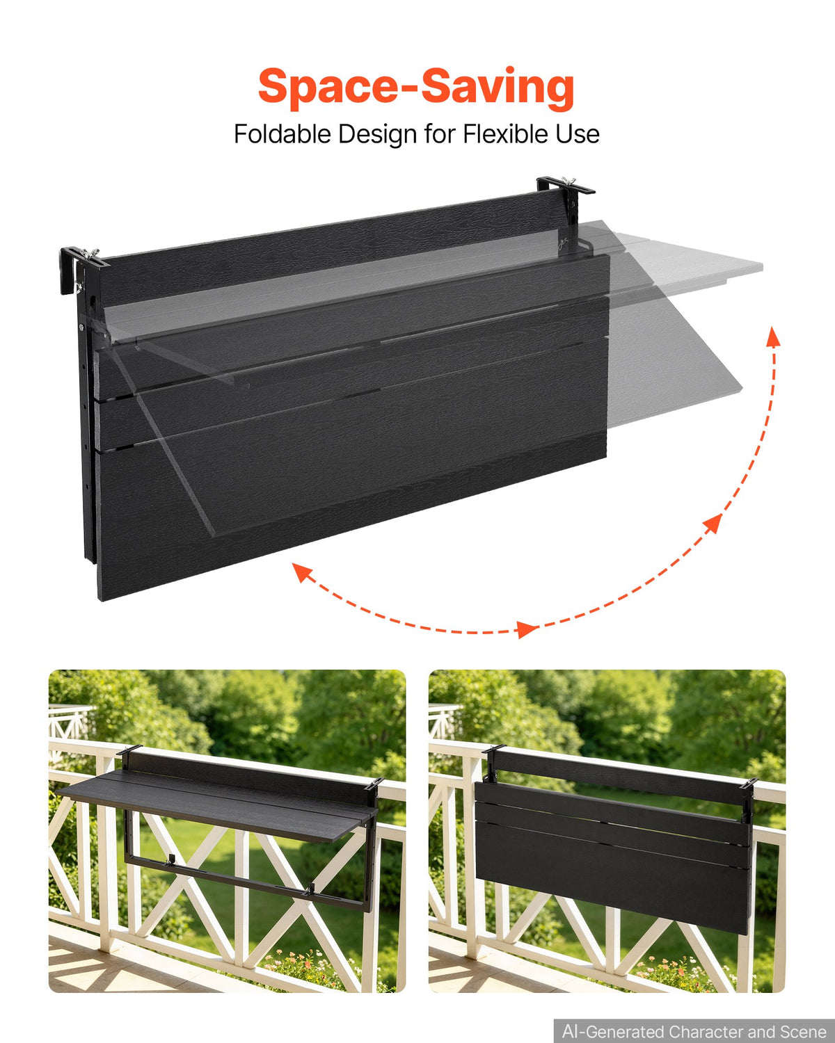 VEVOR Balcony Hanging Table 40" x 15" 60 lbs Folding Railing Bar Table, for Outdoor Patio Garden Deck Use, Fits 0-3.5" Rails, 5-Level Adjustable Height, Durable Wood-Plastic Composite Material - FXGZSM15INCH6WPLZ001V0 - view 5