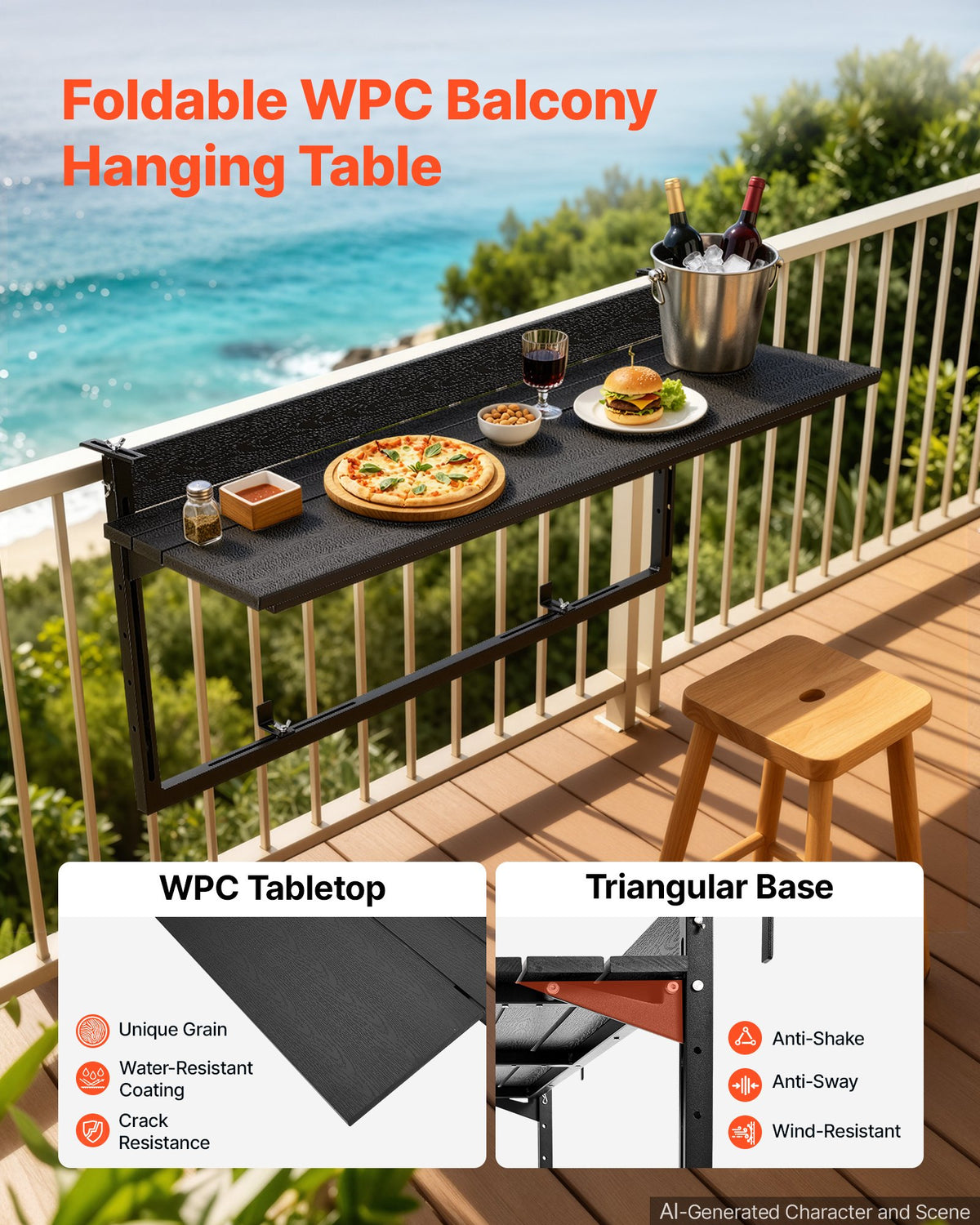 VEVOR Balcony Hanging Table 40" x 15" 60 lbs Folding Railing Bar Table, for Outdoor Patio Garden Deck Use, Fits 0-3.5" Rails, 5-Level Adjustable Height, Durable Wood-Plastic Composite Material - FXGZSM15INCH6WPLZ001V0 - view 6