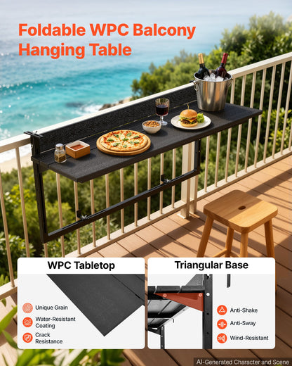 VEVOR Balcony Hanging Table 40" x 15" 60 lbs Folding Railing Bar Table, for Outdoor Patio Garden Deck Use, Fits 0-3.5" Rails, 5-Level Adjustable Height, Durable Wood-Plastic Composite Material - FXGZSM15INCH6WPLZ001V0 - view 6
