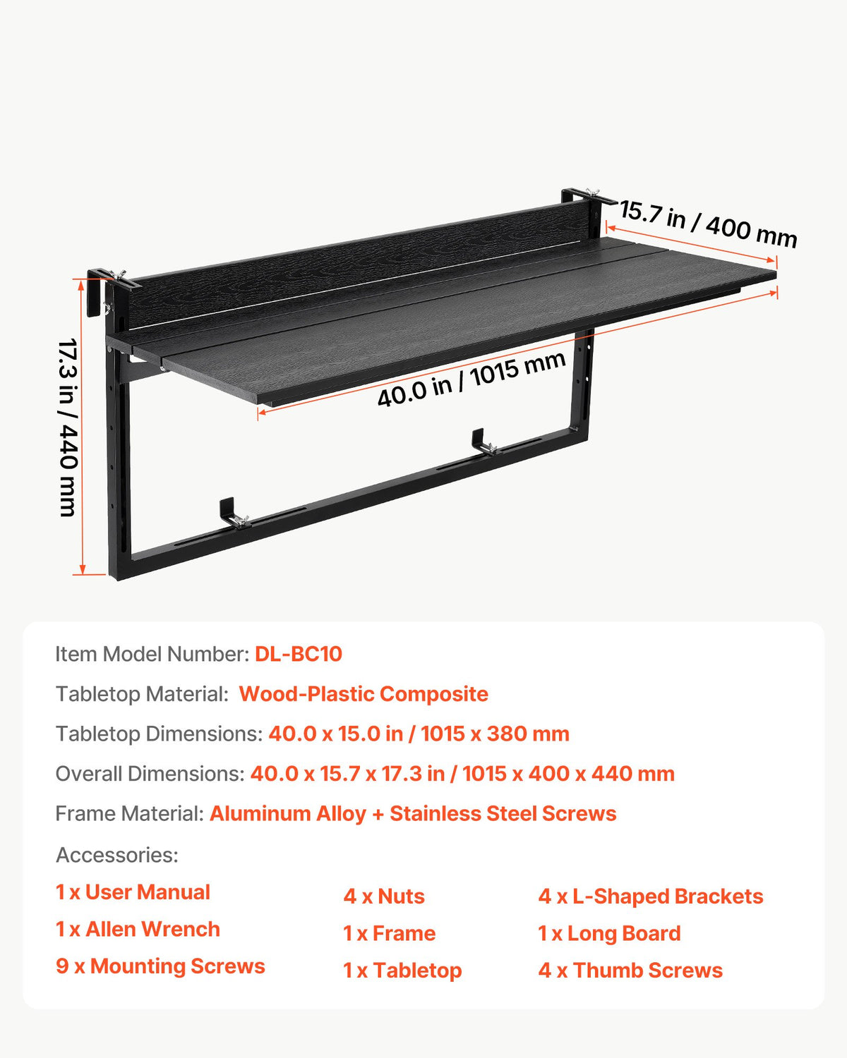 VEVOR Balcony Hanging Table 40" x 15" 60 lbs Folding Railing Bar Table, for Outdoor Patio Garden Deck Use, Fits 0-3.5" Rails, 5-Level Adjustable Height, Durable Wood-Plastic Composite Material - FXGZSM15INCH6WPLZ001V0 - view 8