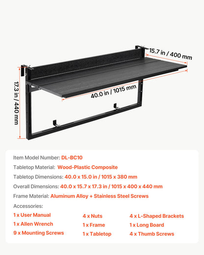 VEVOR Balcony Hanging Table 40" x 15" 60 lbs Folding Railing Bar Table, for Outdoor Patio Garden Deck Use, Fits 0-3.5" Rails, 5-Level Adjustable Height, Durable Wood-Plastic Composite Material - FXGZSM15INCH6WPLZ001V0 - view 8