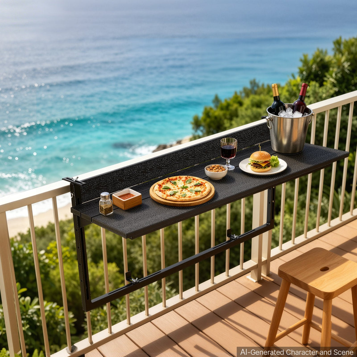 VEVOR Balcony Hanging Table 40" x 15" 60 lbs Folding Railing Bar Table, for Outdoor Patio Garden Deck Use, Fits 0-3.5" Rails, 5-Level Adjustable Height, Durable Wood-Plastic Composite Material - FXGZSM15INCH6WPLZ001V0 - view 9