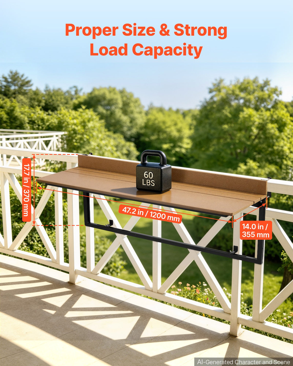 VEVOR Balcony Hanging Table 47.2" x 14.6" 60 lbs Folding Railing Bar Table, for Outdoor Patio Garden Deck Use, Fits 1.4"-2.4" Rails, 5-Level Adjustable Height, Durable Wood-Plastic Composite Material - FXGZSM15INCHG96Z1001V0 - view 3