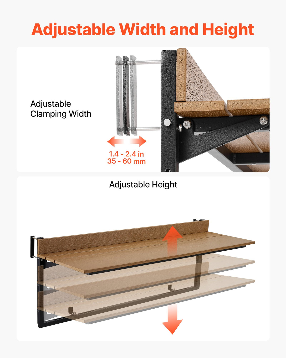 VEVOR Balcony Hanging Table 47.2" x 14.6" 60 lbs Folding Railing Bar Table, for Outdoor Patio Garden Deck Use, Fits 1.4"-2.4" Rails, 5-Level Adjustable Height, Durable Wood-Plastic Composite Material - FXGZSM15INCHG96Z1001V0 - view 4