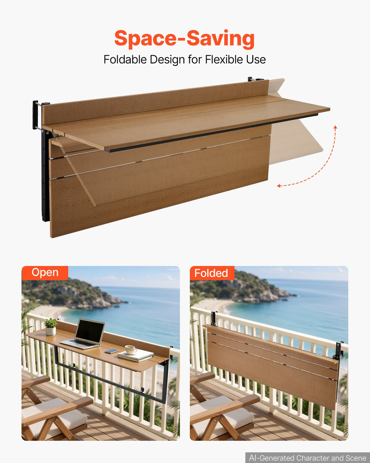 VEVOR Balcony Hanging Table 47.2" x 14.6" 60 lbs Folding Railing Bar Table, for Outdoor Patio Garden Deck Use, Fits 1.4"-2.4" Rails, 5-Level Adjustable Height, Durable Wood-Plastic Composite Material - FXGZSM15INCHG96Z1001V0 - view 5