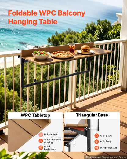VEVOR Balcony Hanging Table 47.2" x 14.6" 60 lbs Folding Railing Bar Table, for Outdoor Patio Garden Deck Use, Fits 1.4"-2.4" Rails, 5-Level Adjustable Height, Durable Wood-Plastic Composite Material - FXGZSM15INCHG96Z1001V0 - view 6