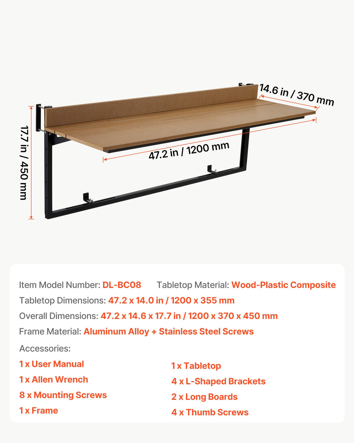 VEVOR Balcony Hanging Table 47.2" x 14.6" 60 lbs Folding Railing Bar Table, for Outdoor Patio Garden Deck Use, Fits 1.4"-2.4" Rails, 5-Level Adjustable Height, Durable Wood-Plastic Composite Material - FXGZSM15INCHG96Z1001V0 - view 8