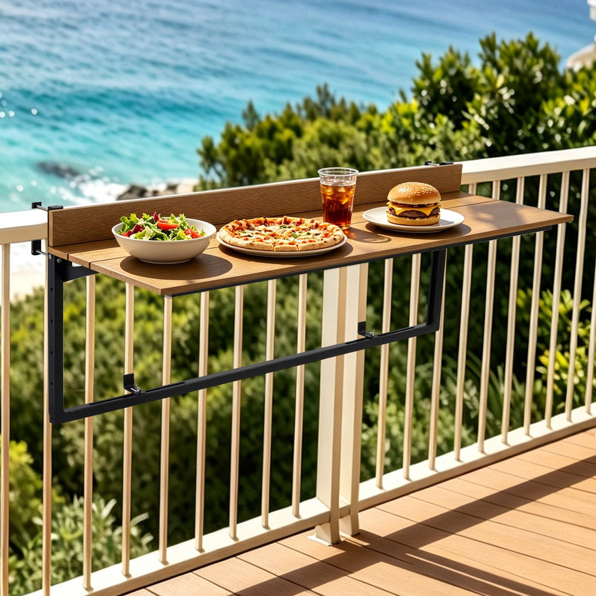 VEVOR Balcony Hanging Table 47.2" x 14.6" 60 lbs Folding Railing Bar Table, for Outdoor Patio Garden Deck Use, Fits 1.4"-2.4" Rails, 5-Level Adjustable Height, Durable Wood-Plastic Composite Material - FXGZSM15INCHG96Z1001V0 - view 9