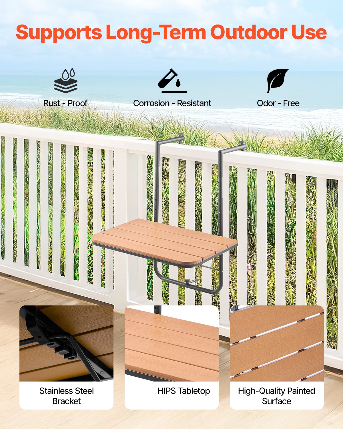 VEVOR Balcony Hanging Table, 25 x 24 in Folding Balcony Railing Table, Outdoor Balcony Bar Table for Railings, 4-Level Adjustable, Fit Railing from 1" to 8.27", Serving Table for Patio & Deck - FXGZSM25INCHDZVCRV0 - view 3