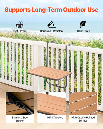 VEVOR Balcony Hanging Table, 25 x 24 in Folding Balcony Railing Table, Outdoor Balcony Bar Table for Railings, 4-Level Adjustable, Fit Railing from 1" to 8.27", Serving Table for Patio & Deck - FXGZSM25INCHDZVCRV0 - view 3