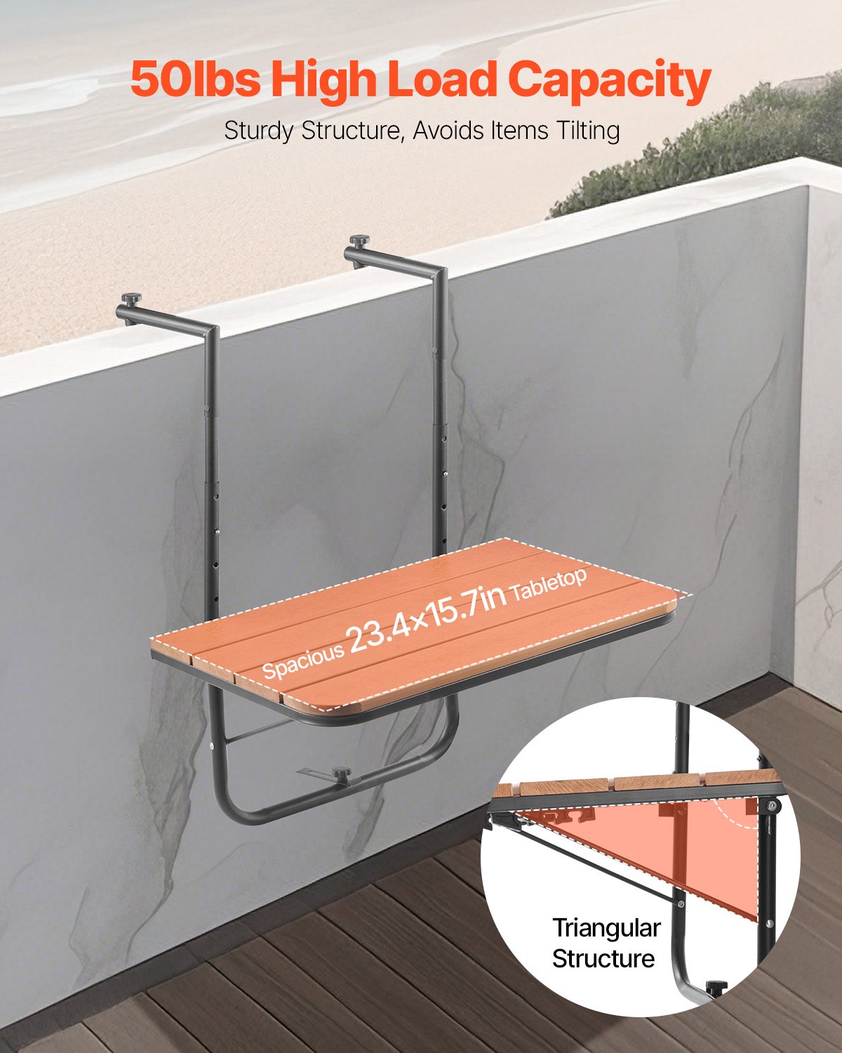 VEVOR Balcony Hanging Table, 25 x 24 in Folding Balcony Railing Table, Outdoor Balcony Bar Table for Railings, 4-Level Adjustable, Fit Railing from 1" to 8.27", Serving Table for Patio & Deck - FXGZSM25INCHDZVCRV0 - view 4
