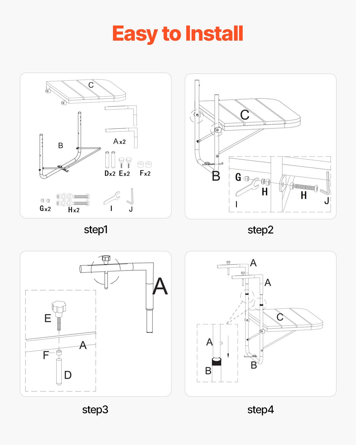 VEVOR Balcony Hanging Table, 25 x 24 in Folding Balcony Railing Table, Outdoor Balcony Bar Table for Railings, 4-Level Adjustable, Fit Railing from 1" to 8.27", Serving Table for Patio & Deck - FXGZSM25INCHDZVCRV0 - view 5