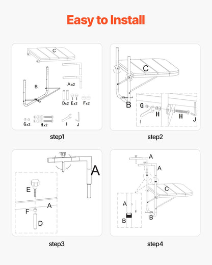 VEVOR Balcony Hanging Table, 25 x 24 in Folding Balcony Railing Table, Outdoor Balcony Bar Table for Railings, 4-Level Adjustable, Fit Railing from 1" to 8.27", Serving Table for Patio & Deck - FXGZSM25INCHDZVCRV0 - view 5