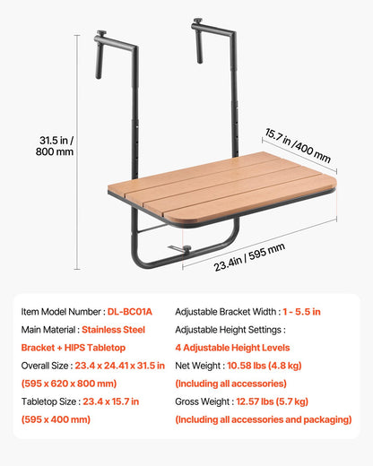 VEVOR Balcony Hanging Table, 25 x 24 in Folding Balcony Railing Table, Outdoor Balcony Bar Table for Railings, 4-Level Adjustable, Fit Railing from 1" to 8.27", Serving Table for Patio & Deck - FXGZSM25INCHDZVCRV0 - view 8