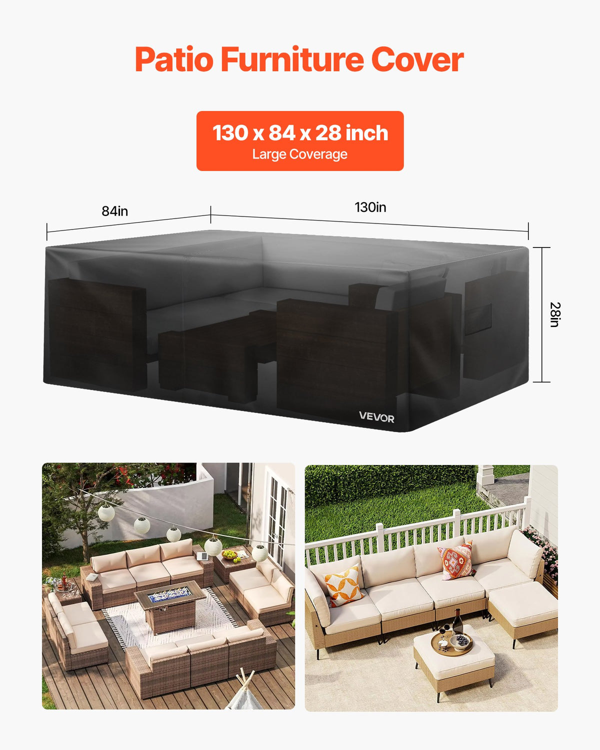 VEVOR Patio Furniture Cover, 420D Heavy Duty Waterproof Outdoor Dining Table and Chairs Cover, Large Rectangular Patio Table Covers with Air Vent for All Weather, 130L x 84W x 28H inch, Black - FXJJZNJB1308Q1CA8001V0 - view 3