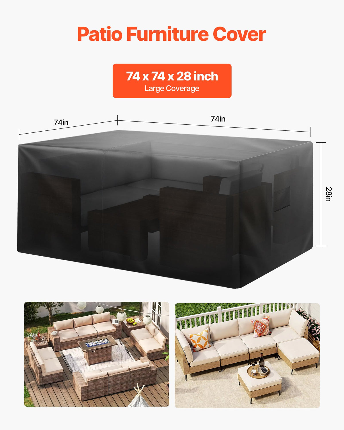 VEVOR Patio Furniture Cover, 420D Heavy Duty Waterproof Outdoor Dining Table and Chairs Cover, Large Squre Patio Table Covers with Air Vent for All Weather, 74L x 74W x 28H inch, Black - FXJJZNJB7474KBY5N001V0 - view 3