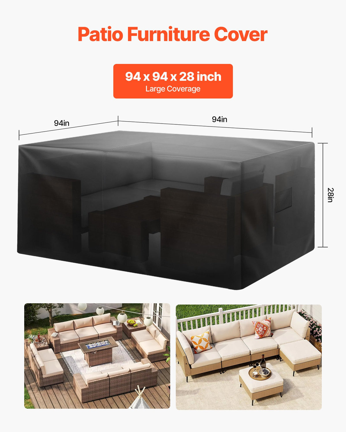 VEVOR Patio Furniture Cover, 420D Heavy Duty Waterproof Outdoor Dining Table and Chairs Cover, Large Squre Patio Table Covers with Air Vent for All Weather, 94L x 94W x 28H inch, Black - FXJJZNJB9494LJL1F001V0 - view 3