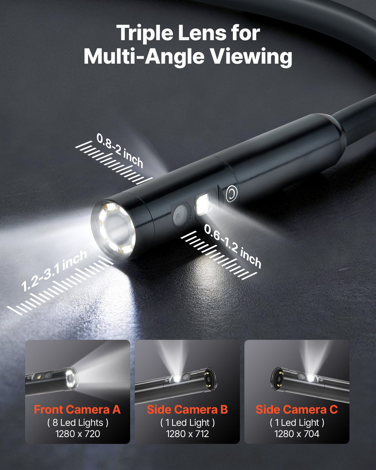 VEVOR Triple Lens Endoscope with Light, 5" HD IPS Screen Industrial Borescope, 1280 x 720 Lens, 8 + 2 LEDs, 8X Zoom, IP67 Waterproof Inspection Snake Camera for Auto, Plumbing (16.4FT Rigid Cable) - FXKQXNKJ5INCD18VS001V9 - view 3