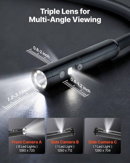 VEVOR Triple Lens Endoscope with Light, 5" HD IPS Screen Industrial Borescope, 1280 x 720 Lens, 8 + 2 LEDs, 8X Zoom, IP67 Waterproof Inspection Snake Camera for Auto, Plumbing (16.4FT Rigid Cable) - FXKQXNKJ5INCD18VS001V9 - view 3