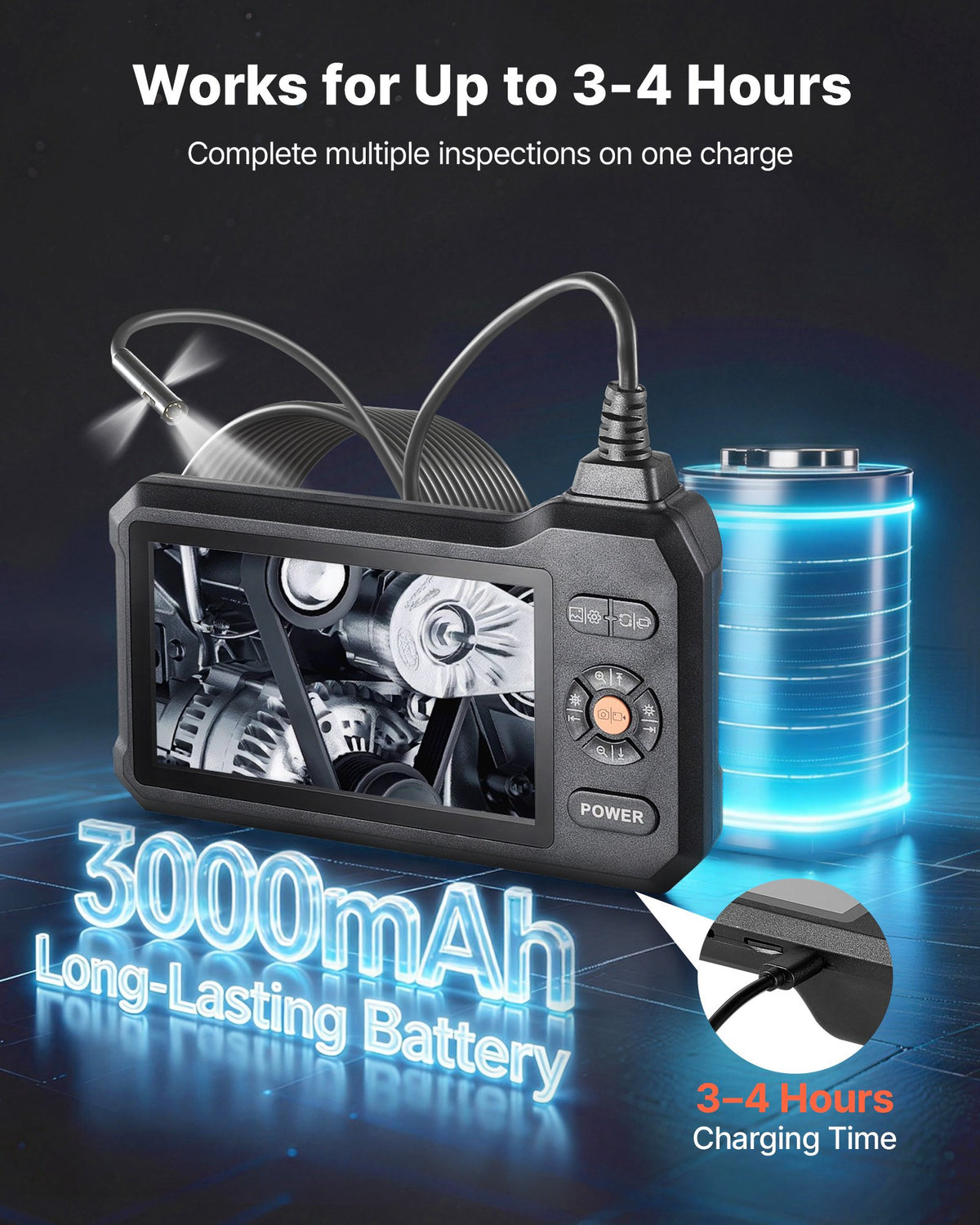 VEVOR Triple Lens Endoscope with Light, 5" HD IPS Screen Industrial Borescope, 1280 x 720 Lens, 8 + 2 LEDs, 8X Zoom, IP67 Waterproof Inspection Snake Camera for Auto, Plumbing (16.4FT Rigid Cable) - FXKQXNKJ5INCD18VS001V9 - view 5